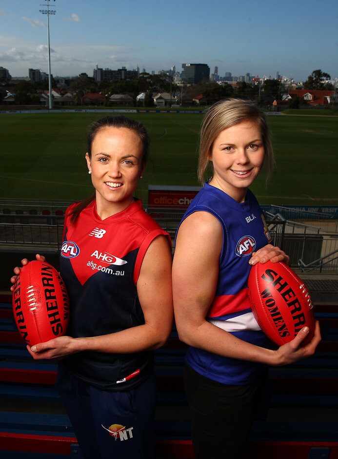 AFL 2016 Media - AFL Womens Exhibition Match Announcement MELBOURNE, AUSTRALIA - JULY 13: Daisy Pearce and Katie Brennan pose during the announcement of the final AFL Womens Exhibition Match at VU Whitten Oval on July 13, 2016 in Melbourne, Australia. (Photo by Scott Barbour/AFL Media)